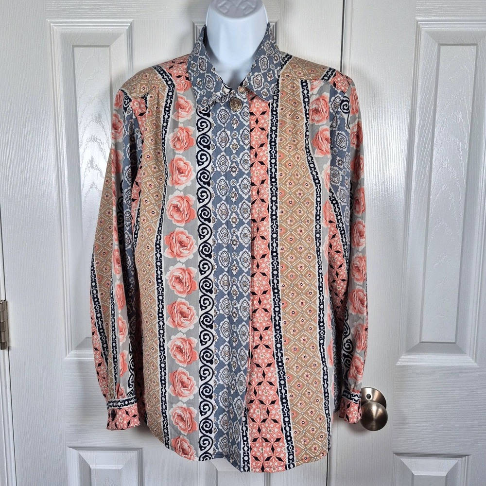 Vintage button down shirt floral pink black Notations womens‎ 8